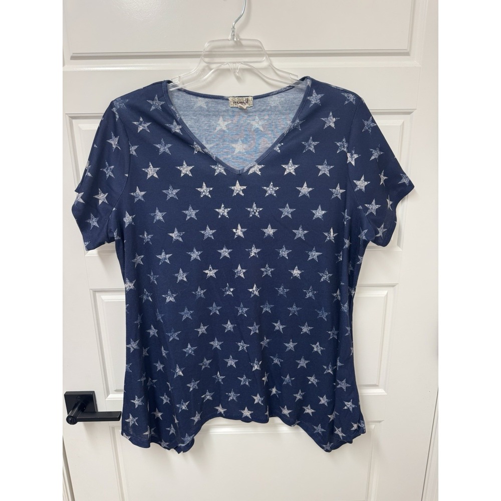 One World Womens 2X Tunic Top Blouse Blue Star Print Beaded Sharkbite Pullover